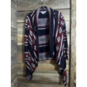 Forever 21 Contemporary Aztec Geometric Open Front Waterfall Cardigan Navy Red S